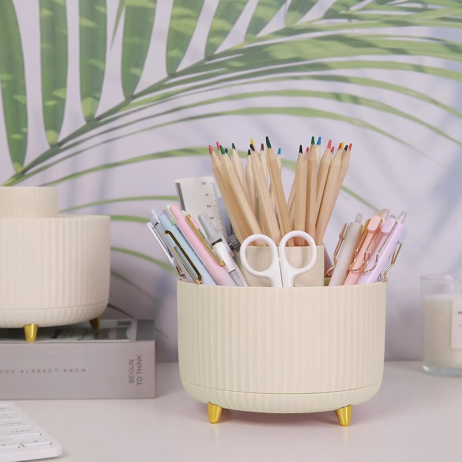 SKYDUE 360° Rotating Plastic Desk Pen Organizer - 5-Slot, Dual-Purpose Clutter-Free Desk Supplies Organizer & Dispenser for Office, Home, 360° Rotating Swivel Desk Supplies Organizers & Dispensers, Clutter-Free Desk Supplies Organizers & Dispensers