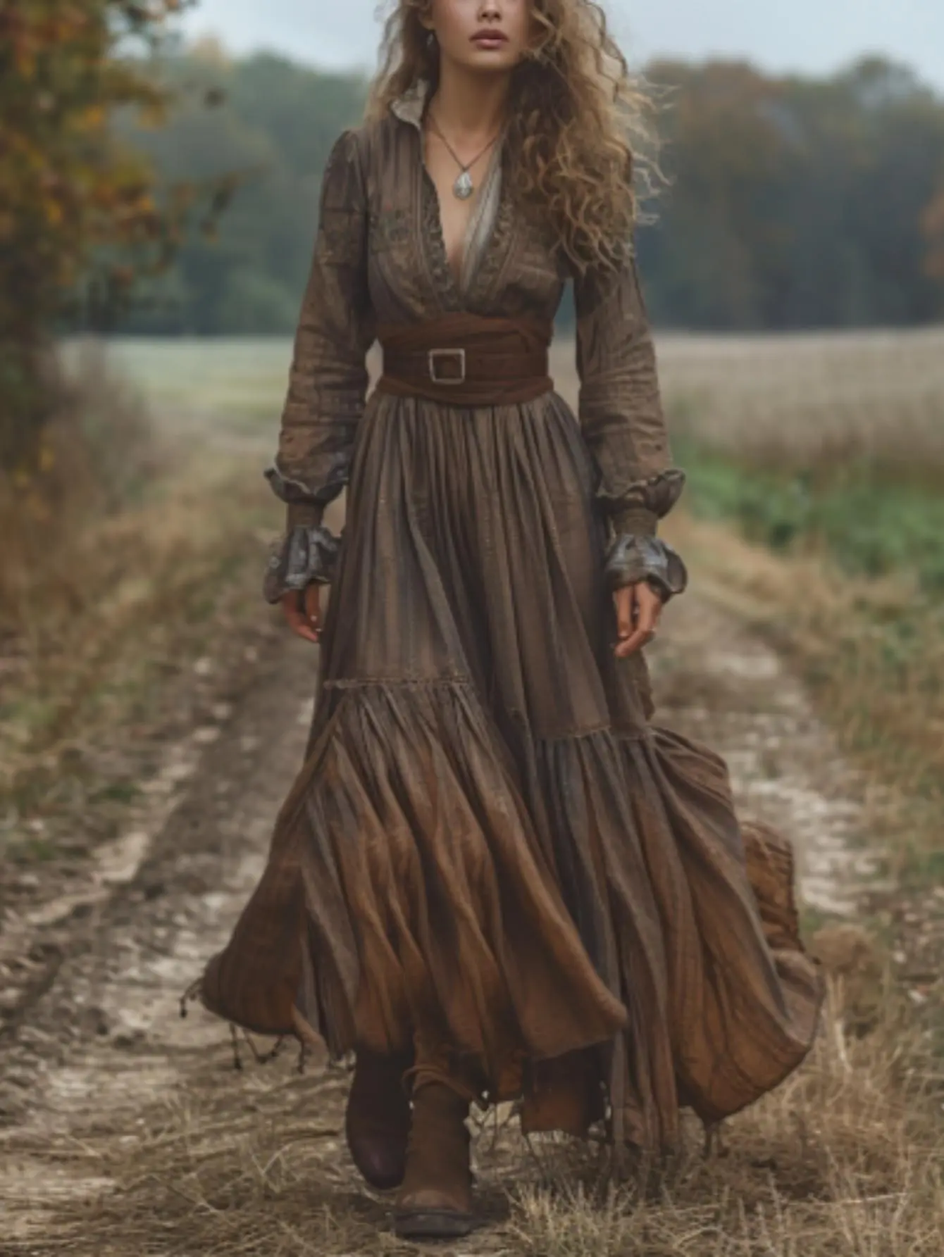 Vintage V-neck long-sleeve dress with vintage print patchwork and a slit, rustic style, no belt Aesthetics Casual