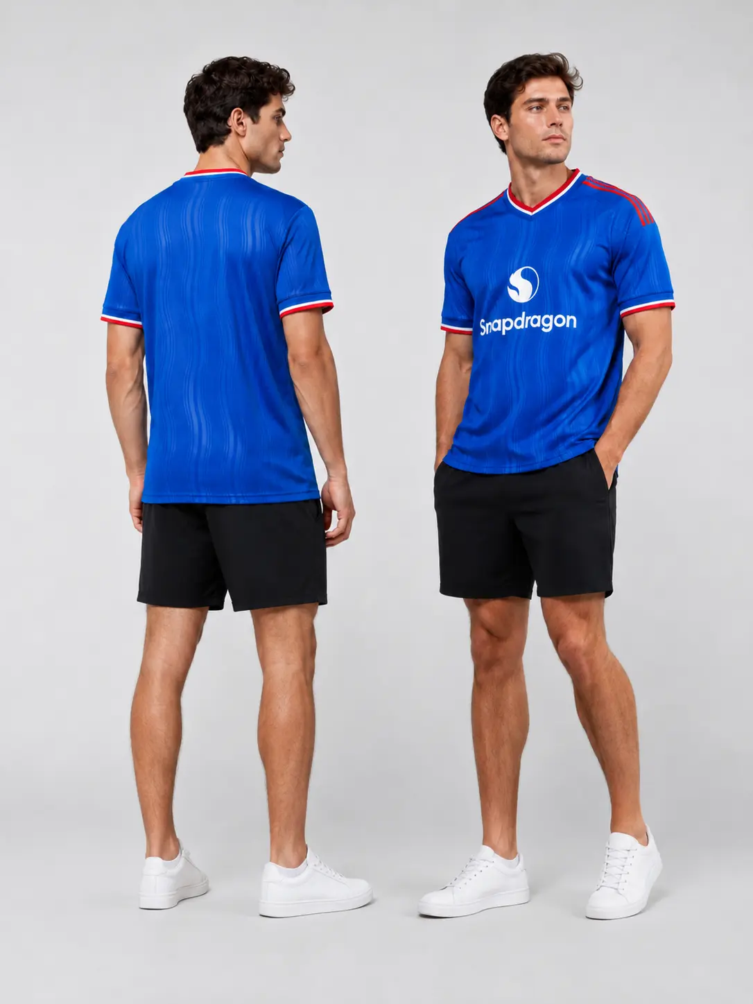 Men’s Blue Soccer Jersey with Red Trim – Short Sleeve Football Shirt, Breathable Match Day Fan Sports Top