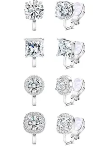 Cubic Zirconia Clip on Earrings - Women Hypoallergenic CZ Earrings Comfortable Non Pierced Stud Earrings for Wedding and Dance Competitions, Clip-on Earrings Silver Gold, High Quality Earrings