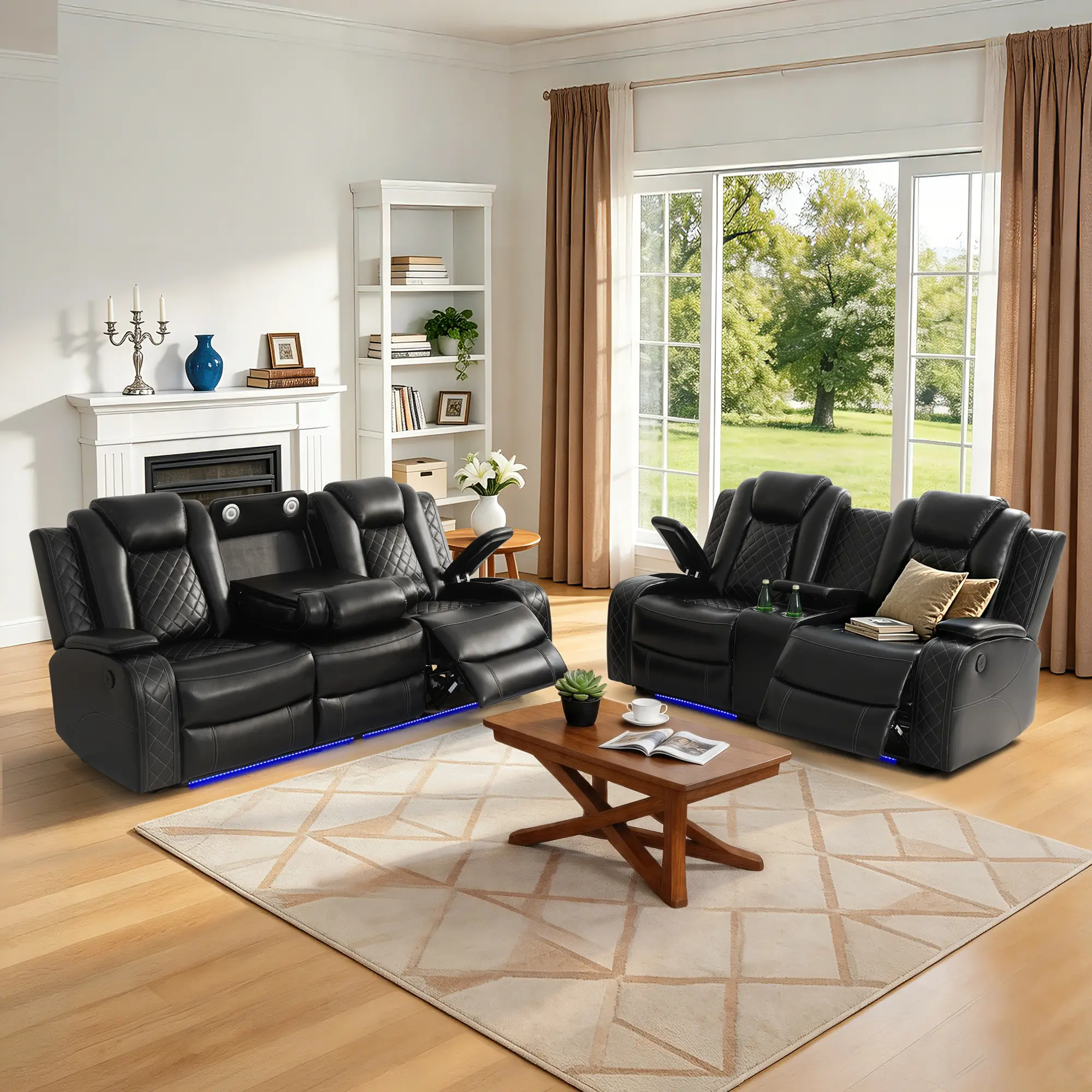 Vera Black 2-Piece 5-Seat Electric Recliner Sofa and Loveseat Set - Durability, Eco-Conscious, Ergonomic, Leatherette Indoor Living Room Lounging Furniture for Home Use, 2-Piece Sofa Sets, Durability Sofa Sets