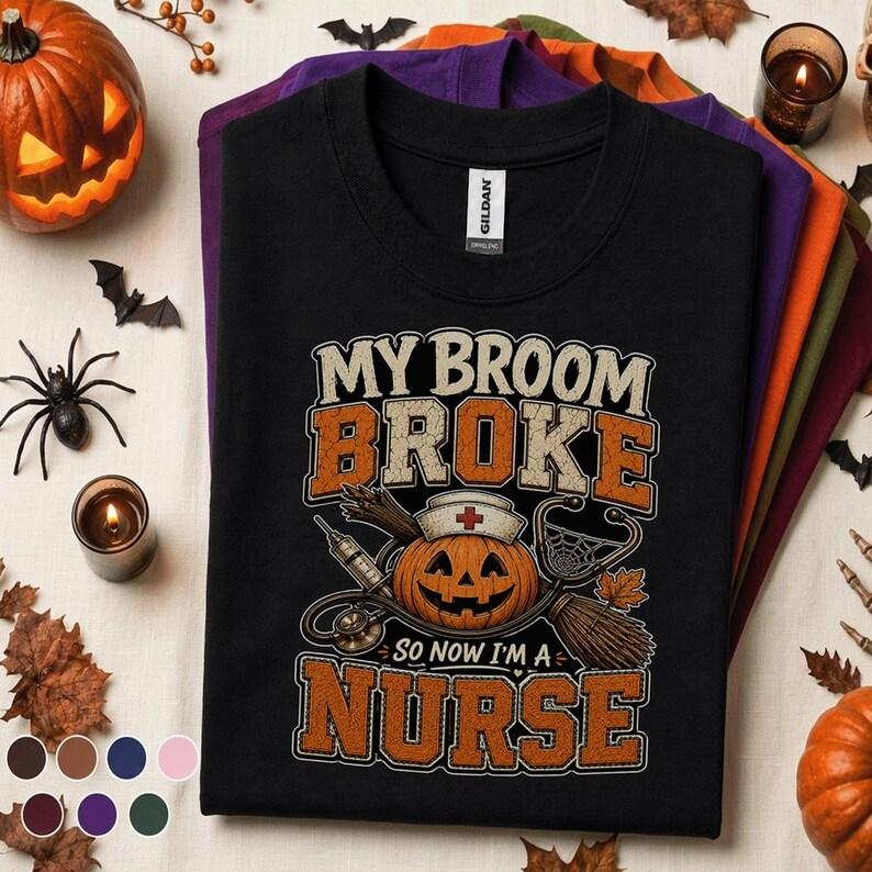Women's Plus Size Oversized Nurse Witch Halloween Graphic Tee - Crewneck, Short Sleeve, Casual, Comfortable, Matching Anniversary/Beach Wear (My Broom Broke Design)