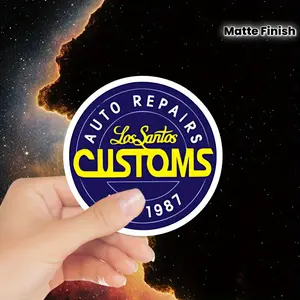 Los Santos Customs Car Repair Sticker -1987 Retro Yellow Text and Universe Design Matte Vinyl Single Use Car Sticker, Suitable for Cars, Laptops, Water Bottles, Cool Car Decoration