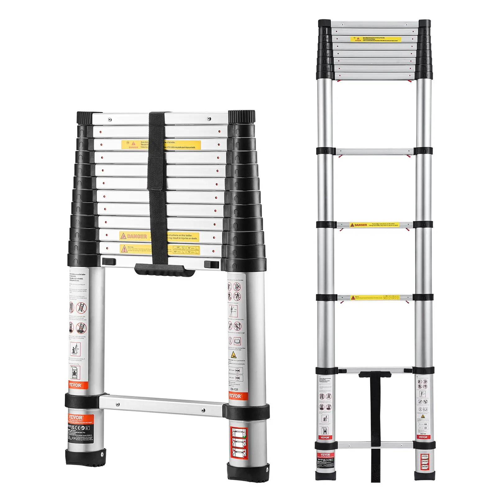 VEVOR 12.5ft Telescoping Ladder, Aluminum Lightweight Multi-Purpose Collapsible Extension, One-Touch Retraction Ladder, Heavy Duty 330LBS Max Capacity with Non-Slip Feet, for Home, Outdoor Work, Loft
