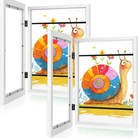 2pcs Kids Art Frames - 8.5x11in Magnetic Front-Opening Wall & Desktop Frames, White Home Decor for Bedroom, 180-Degree Function, Holds 50 3D Arts and Crafts/Portfolio Artwork with Easier Display, Glasses Included