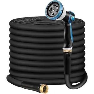Non-Expandable Garden Hose 100feet, Flexible Water Hose with 10 Function Hose Nozzle, Lightweight, Tangle Free, Rust Proof for Yard (Black) expandable garden hose