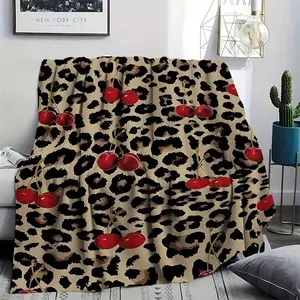 Leopard Cherry Print Flannel Blanket - Ultra-Soft All-Season Throw For Sofa, Bed, Travel & Home Decor - Machine Washable Cozy Gift With Bold Animal Print & Red Cherries, Throw Blanket For Couch-280GSM