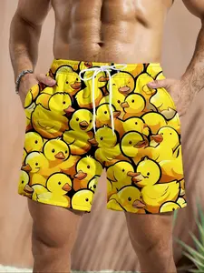 Men's Cartoon Duck Pattern Beach Shorts Swimming Trunks, Fashionable Duck Print Pockets Drawstring Shorts, Casual Fitted Summer Pants, Beach Outdoor Wear