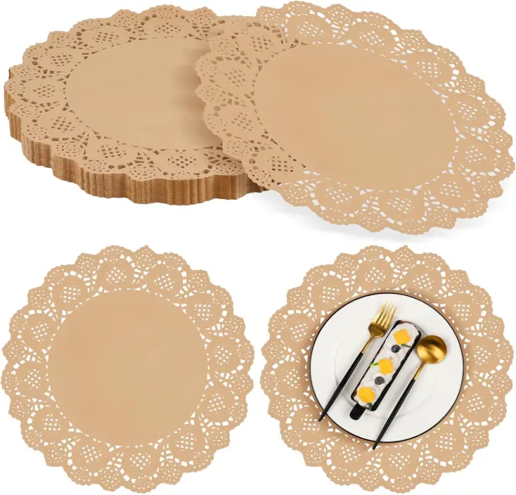 100PCS Round Brown Kraft Paper 13.5 Inches Lace Paper Place Mats Rustic Scallop Disposable Paper Table Pads for Food Cakes Crafts Party Weddings Tableware Decor
