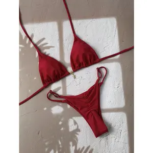 Swim Women's Plain Color Metal Pendant Decoration Sexy Halter Bikini Set Summer