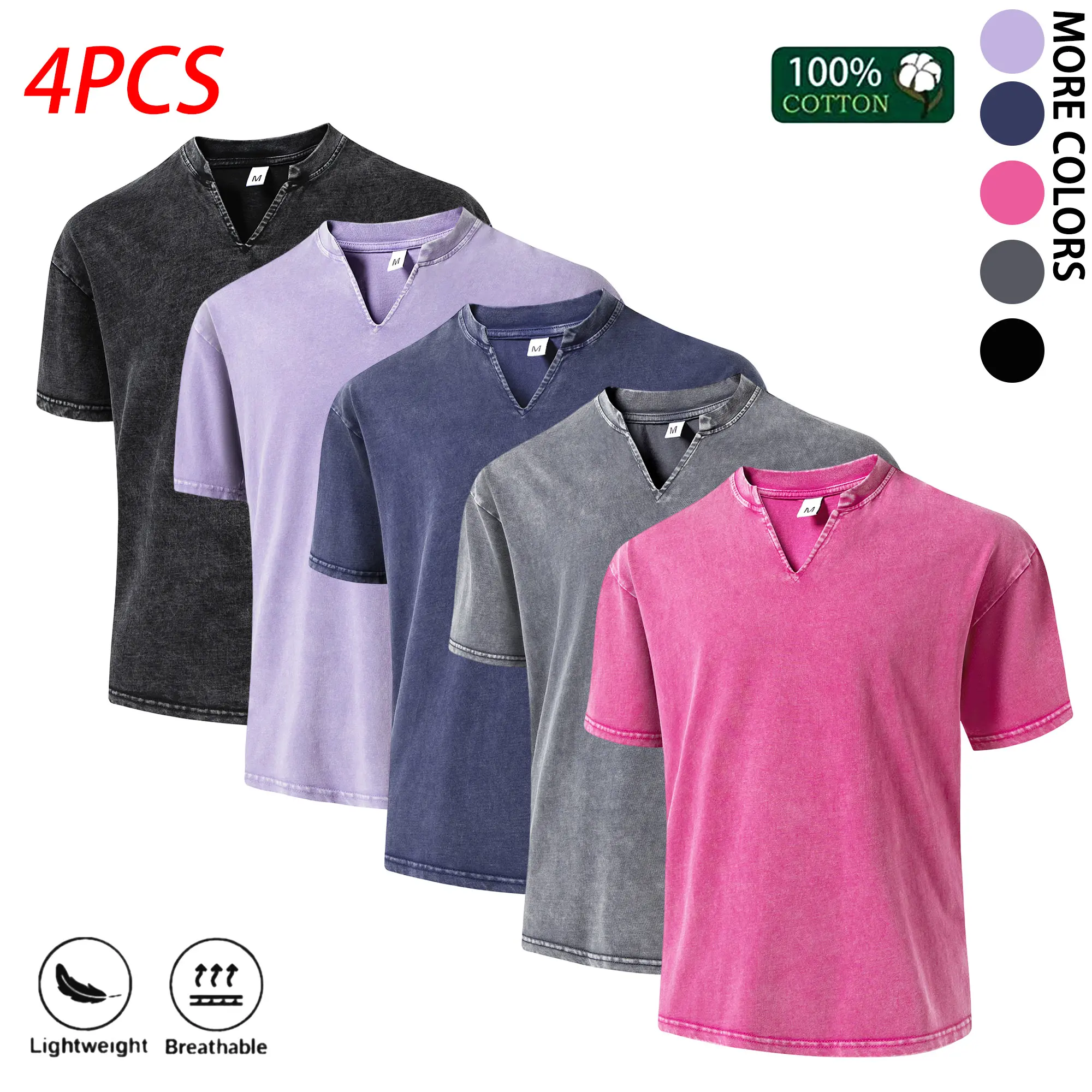 Unisex 4-pack pure cotton vintage washed distressed loose T-shirts; side-slit small V-neck top with chest pocket and short sleeves—loose basic layer tops; soft, casual summer streetwear for everyday wear.