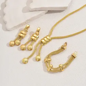 Gold Electroplated Geometric Jewelry Set, Long Statement Necklace with Tassel Earrings & Niche Bracelet, 3-Piece Fashion Set for Women