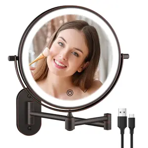 Rechargeable Wall Mounted Lighted Makeup Vanity Mirror 8 Inch Double Sided 1X 10X Magnifying Bathroom Mirror, 3 Color Lighting, Touch Dimming, Extended Arm 360 Rotation Light up Mirror Antique Bronze