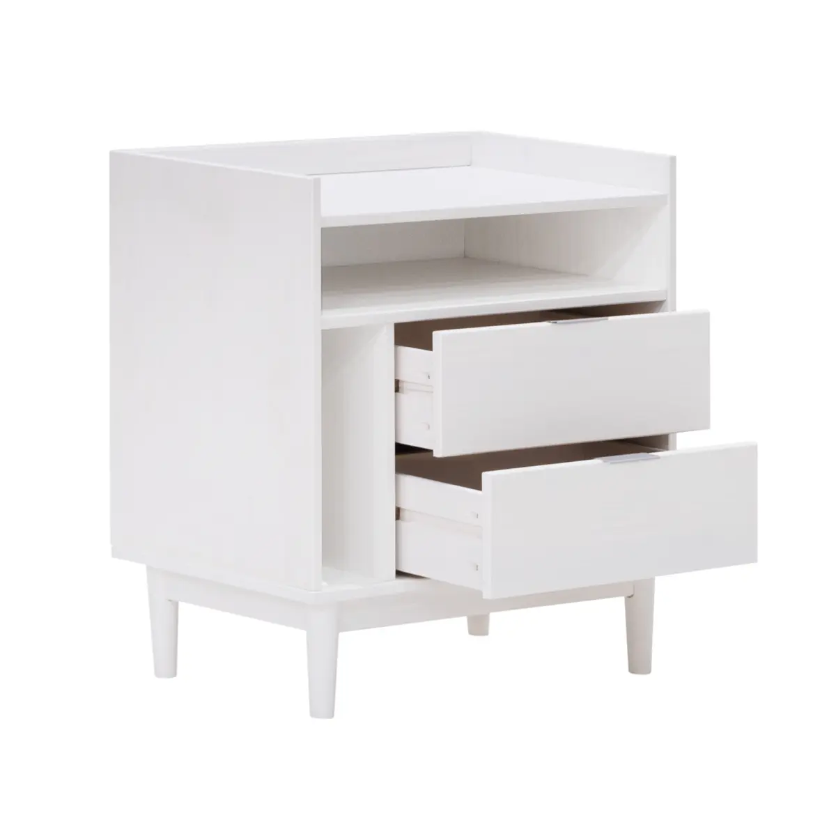 Walker Edison Mid-Century Solid Pine Wood 2-Drawer Nightstand Table - Contemporary, Dual-Use, Flat-Top Bedside Table with Gallery Top, Tapered Legs, Drawer Pulls, 25.63x15.88x25 in, White, Contemporary Bedside Tables, Dual-Use Bedside Tables