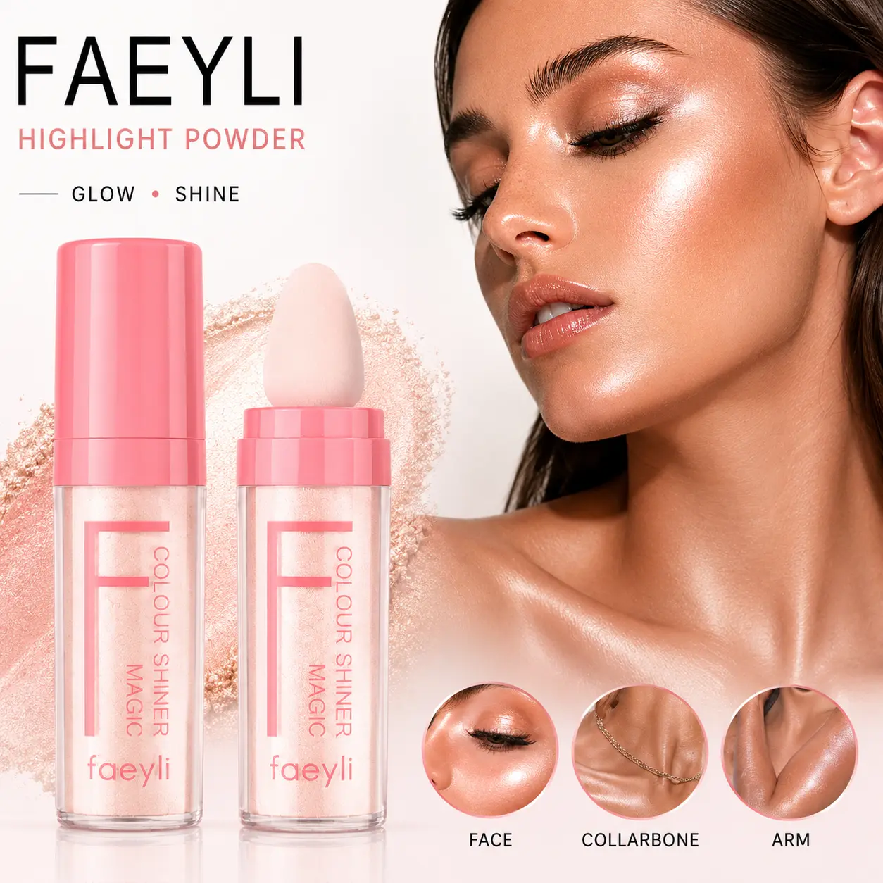 Colour Shiner Magic Highlighter Powder - Hypoallergenic, Shimmery, Skin-Brightening, Portable Sponge Head Bronzer & Highlighter for Face & Body Makeup