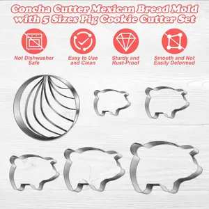1/5/6-piece set with optional stainless steel bread mold, double-sided sealed molding; Paired with small pig, conch and other shaped biscuit cutting molds, the embossing is clear and not easy to stick. Suitable for birthday and holiday parties