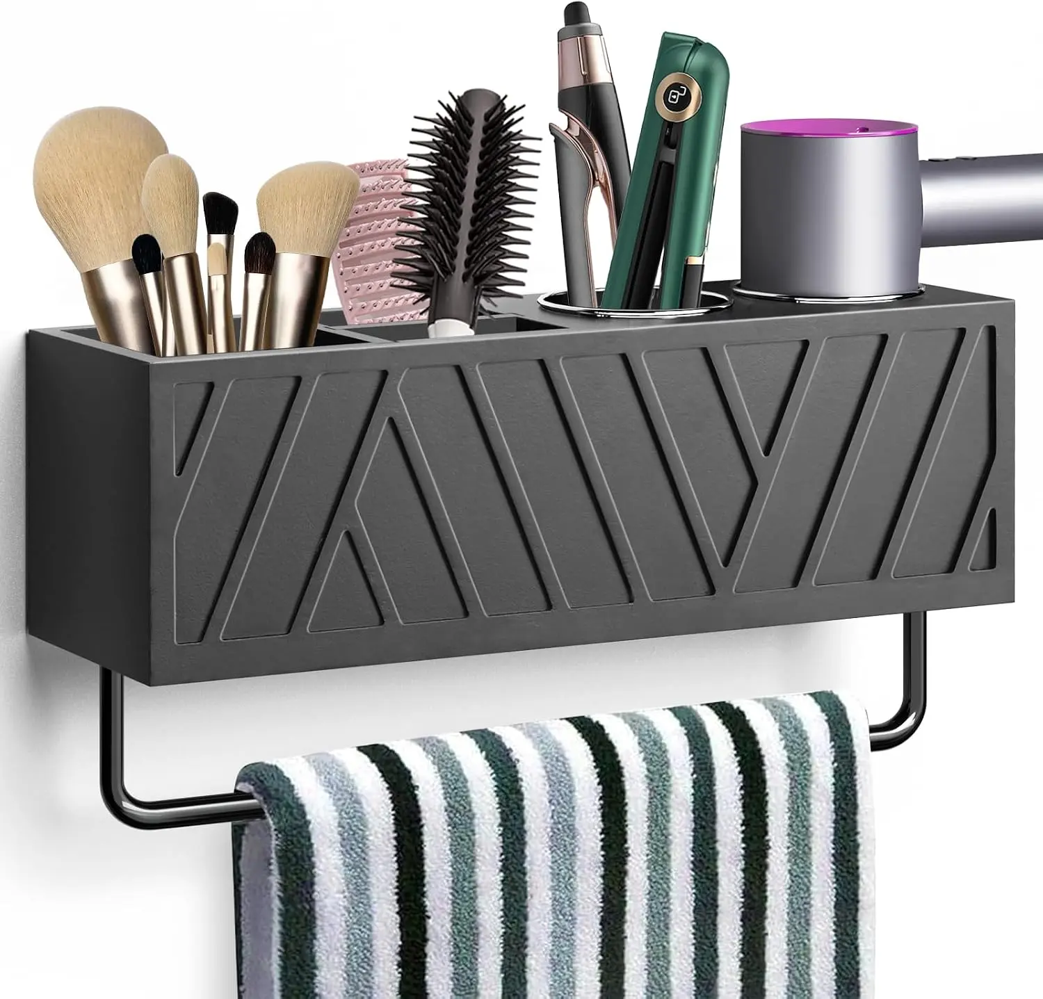 Anwelynd Rustic Hair Dryer Holder Wall Mounted, Hair Tools and Styling Organizer with Towel Bar for Farmhouse, Beauty, Flat Iron, Curling Wand, Towel Rack