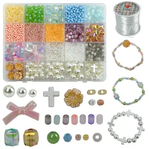 One box contains 3990 pieces DIY bracelet decoration set, integrating cross and bow crafts. It includes beads of various shapes, round glass beads, acrylic beads, and comes with a roll of professional beading thread.