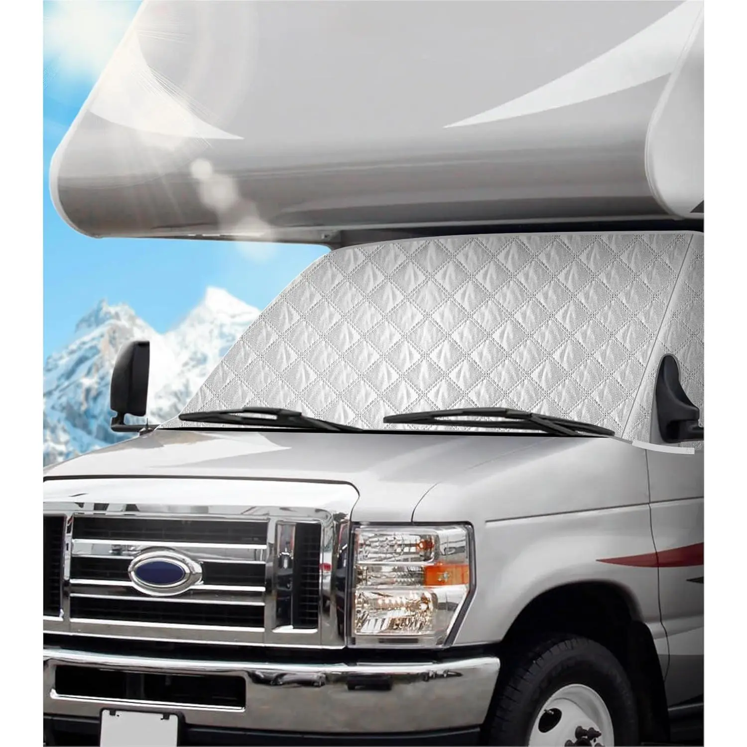 RV Windshield Sun Shade for Ford E250,E350,E450,Econoline,Club Wagon 1997-2025 Class C Motorhome, Custom Manufactured Front Window Cover with Mirror Cutouts, All-Season Protection, Anti-Theft Corner Belt Design, UV Block & Privacy Shield, White