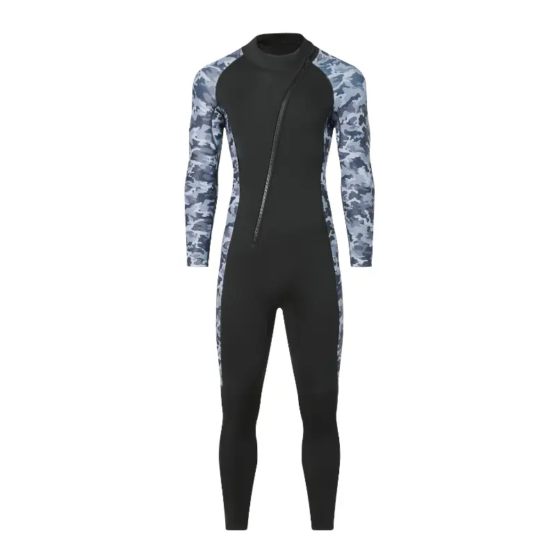Men's 3mm Neoprene Full-Body Wet Suit - Crew Neck, Long Sleeve, Zippered, Cold-Proof, Glossy Finish, Black with Blue Camouflage Legs, 4 Seasons Outdoor Sports Use, Hand Wash Compatible for Winter Swimming, Cold Water Protection