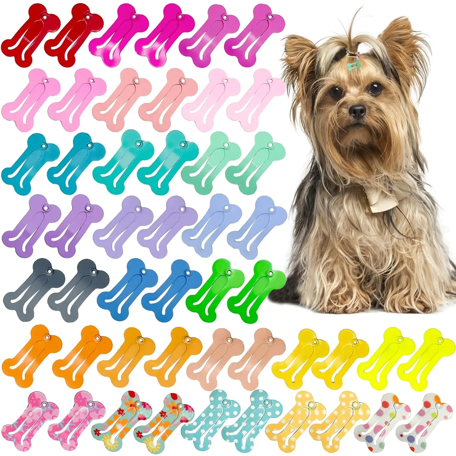 50PCS Mini Dog Hair Clips Set, Bone-Shaped Snap Pet Hair Barrettes, Multicolor Puppy Hair Accessories for Yorkies, Small Dogs & Pets, 25 Assorted Styles, 1 Inch