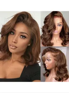 Brown wig 13*4 Front Lace Wig 13*4 Front Lace Wig No adhesive, just put it on and go! Suitable for black women Wavy curls / Women's gift / Daily wear / Can be styled / 8 - 16 inches (mixed wigs - a blend of real hair and synthetic fibers)