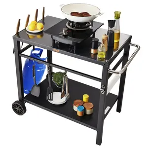 【SummerFinds】VEVOR Outdoor Grill Dining Cart - 2-Layer Double-Shelf, Multifunctional Iron Table Top, 2-Wheel Movable Outdoor Cooking Prep Table, 110 lbs Capacity, 130g per Wheel, Carry Handle, Effortless to Clean, Black