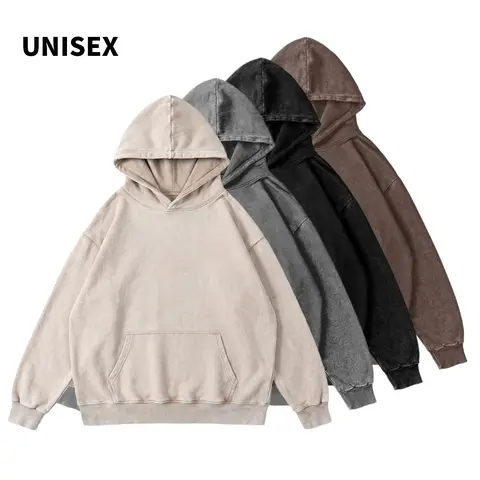 American retro unisex hoodie sweatshirt, heavyweight thickened loose fit pullover, washed distressed finish with kangaroo pocket—casual top for couples, streetwear thick garment suitable for city walks and skateboarding, a great choice for everyday outing