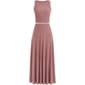 Women's 2 Piece Maxi Skirt Sets Casual Summer Knit Cropped Tank Top High Waisted Long Skirts OutfitGift