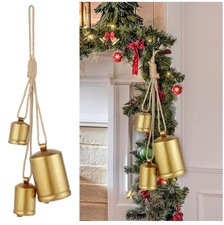 Vintage Christmas Bells - Set of 3 Bronze Bells with Hanging Jute Rope for Indoor and Outdoor Decor, Rustic Metal Jingle Bells for Christmas Tree Garland Doors Windows Wreaths Home Decor