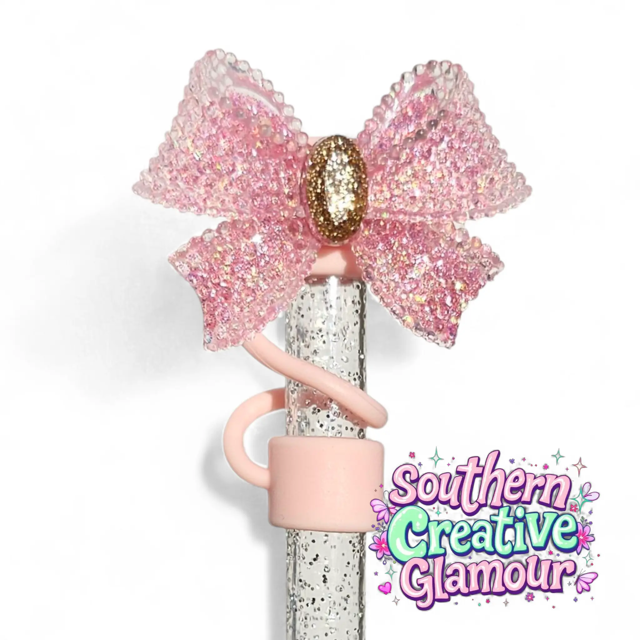 Glitter Ribbon Bow Straw Topper - Blush Pink