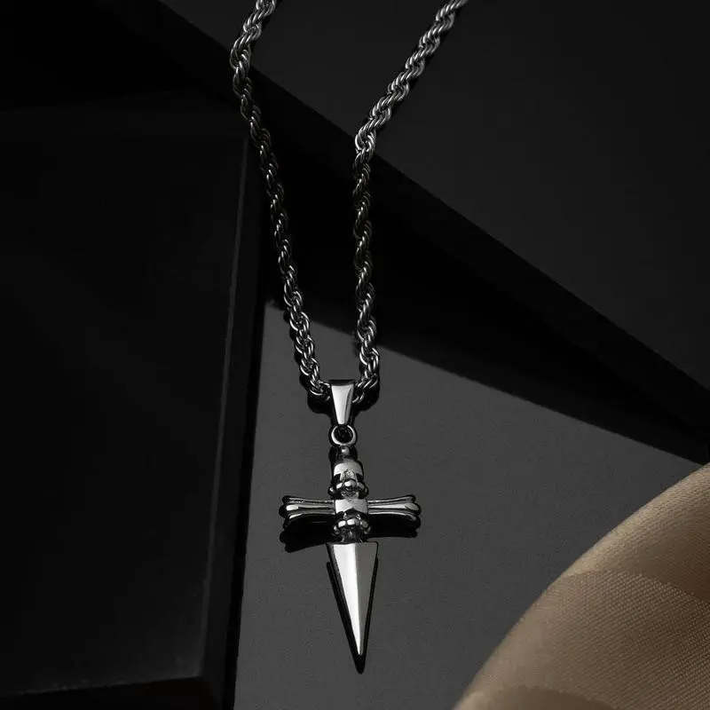 Men's Skull Dagger Pendant Necklace, Silver Tone Crossbones Spearhead Charm with Rope Chain, Gothic Punk Biker Jewelry for Daily Wear, Concert Outfits, Costume Parties and Gifts,Layered Necklace Look  ,Gift for Him  ,Halloween Costume  ,Themed Event