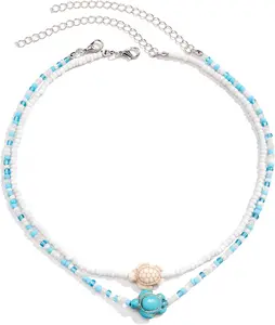 Seashell Puka Summer Choker Necklace Boho Charm Layered Shell Turtle Starfish Conch   Beaded Necklace for Women Bohemian Surfer Hawaiian Beach Holiday Fashion  Gifts