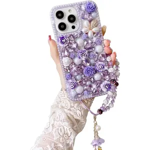 Bling Diamond Case for Moto G Stylus 5G 2024 with Pearl Bracelet Strap Cover,Purple 3D Sparkly Shiny Crystal Rhinestones Flower Girly Shockproof Phone Case with Lanyard