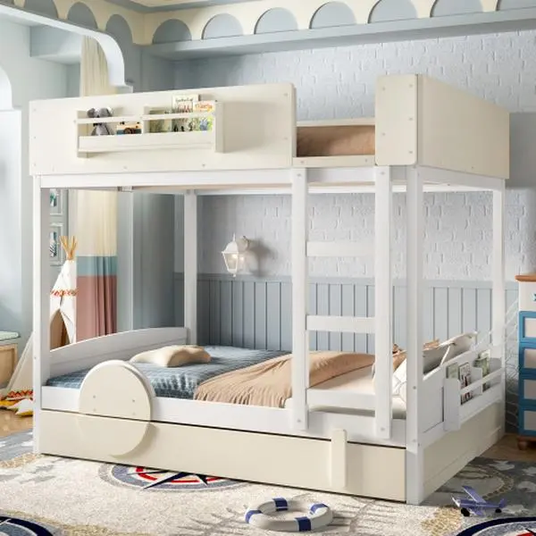 Bellemave Pine & Plywood 3-Bed Bunk Bed Frame - Automobile Car-Shape Design, Built-in Shelf, High-Quality Safety Rail, Plywood Bed Frames