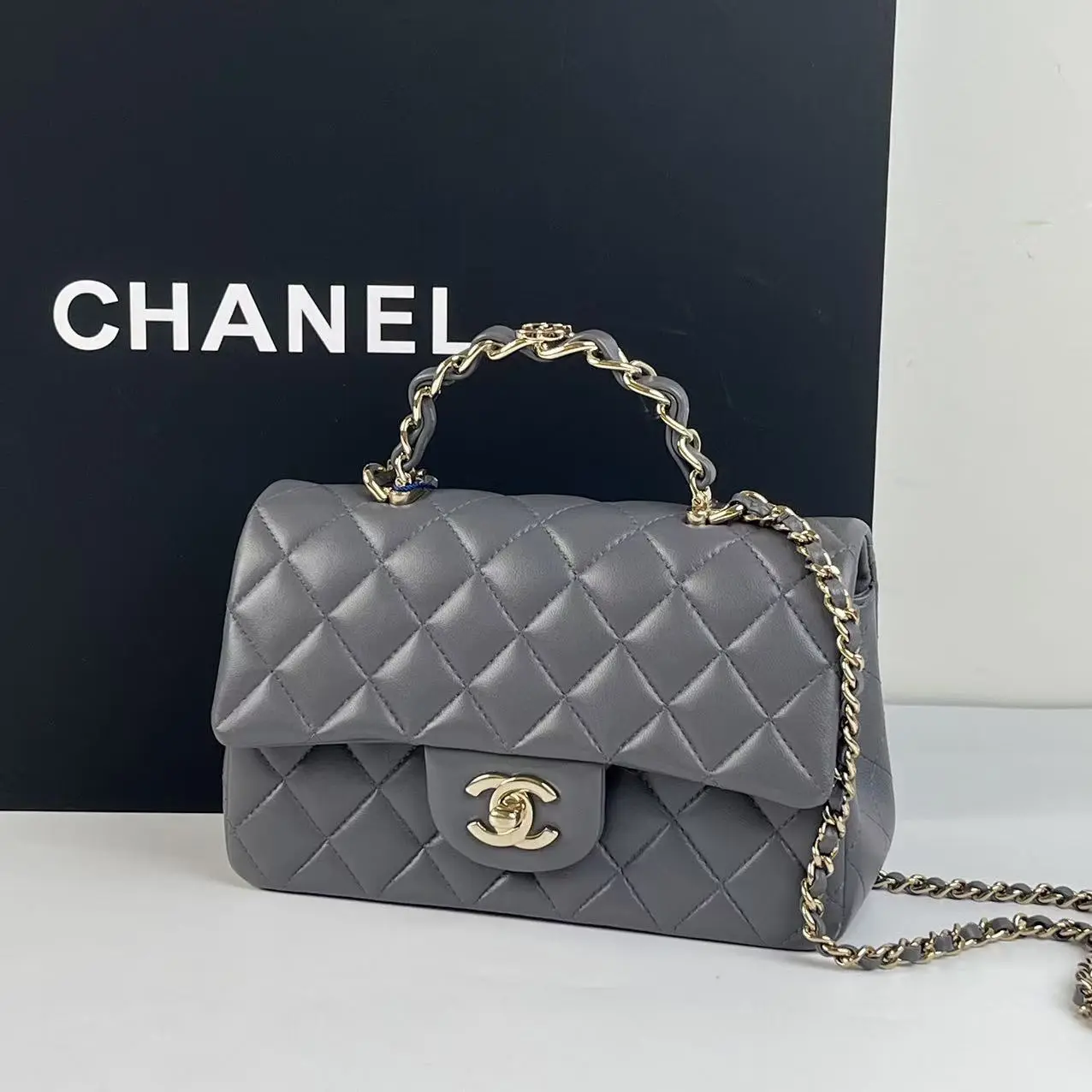 Pre-owned CHANEL Mini CF Handle Grey Lambskin Handbag