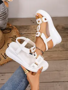 Women's Summer New Beach Sandals, Open Toe Casual Thick Sole Heeled Roman Sandals, Artificial Leather, Rubber Sole, Less Than Ankle Height, Footwear