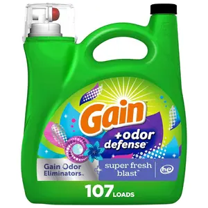 Gain + Odor Defense Liquid Laundry Detergent Super Fresh Blast Scent, HE Compatible, 107 Loads 154 fl oz, Gain Laundry Detergent, Liquid Laundry Detergent