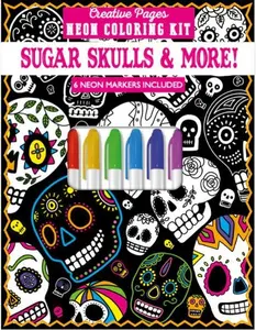 Creative Pages Neon Coloring Kit Sugar Skulls & More Hard Cover Book with 6 Neon Markers Included for Artistic Expression
