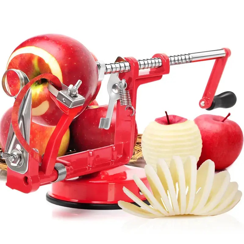 3 in 1 Fruit Peeler, Slicer, and Corer with a powerful suction cup base and stainless steel blades, perfect for family gatherings and parties.