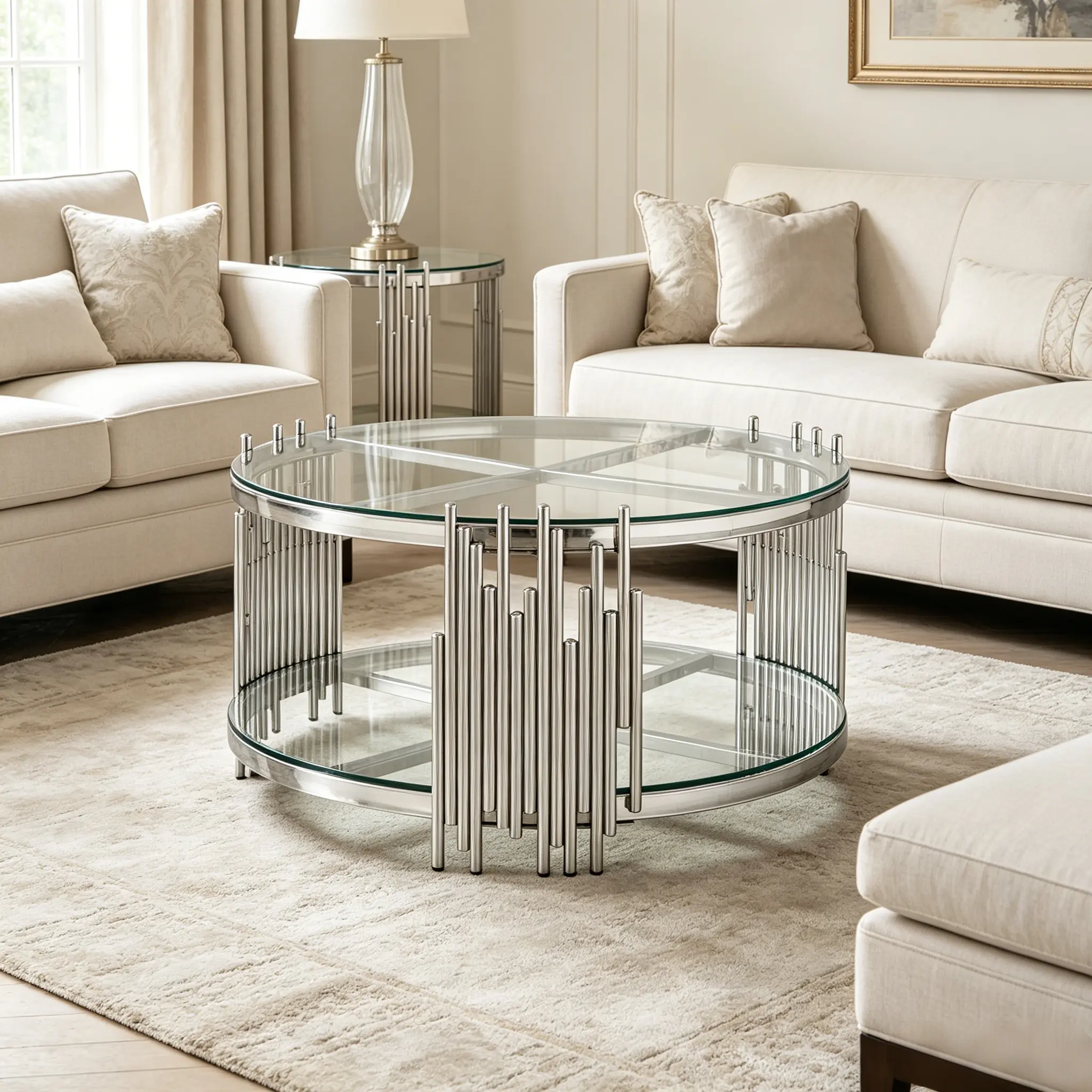 Modern Round Coffee Table with Storage,Luxury Circle Center Table with Clear Tempered Glass Table Top and Silver Stainless Steel Frame 2-Tier Design Open Storage Shelf, Minimalist Accent Home Furniture for Living Room Apartment Indoor Decor