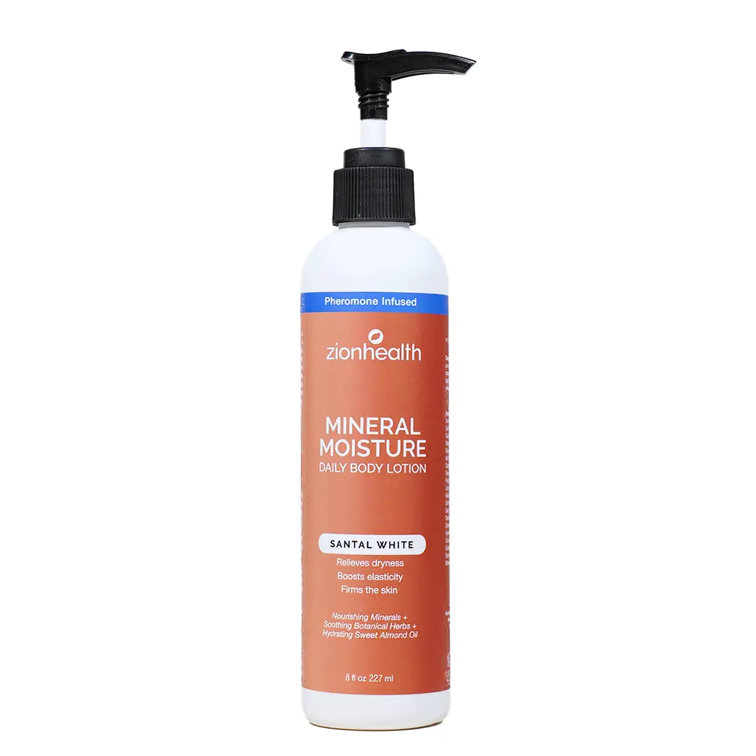 Zion Health Pheromone-Infused Daily Moisturizer, Hydrating Vegan Body Lotion with Ionic Clay & Grape Seed, Santal White Blend, 8 oz, Radiant, Unisex