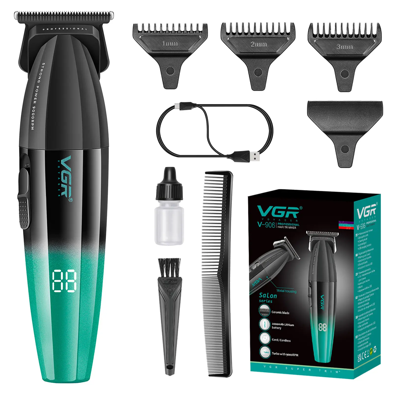 VGR 906 High Quality Multifunctional Hair Trimmer - DLC T-Blade Cordless Barber Clipper Set, USB Rechargeable Hair Clipper Kit, 9000rpm 0-Gapped Tool for Men