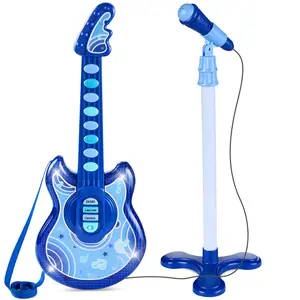 Best Choice Products 19in Kids Flash Guitar, Pretend Play Musical Instrument Toy for Toddlers w/ Mic, Stand