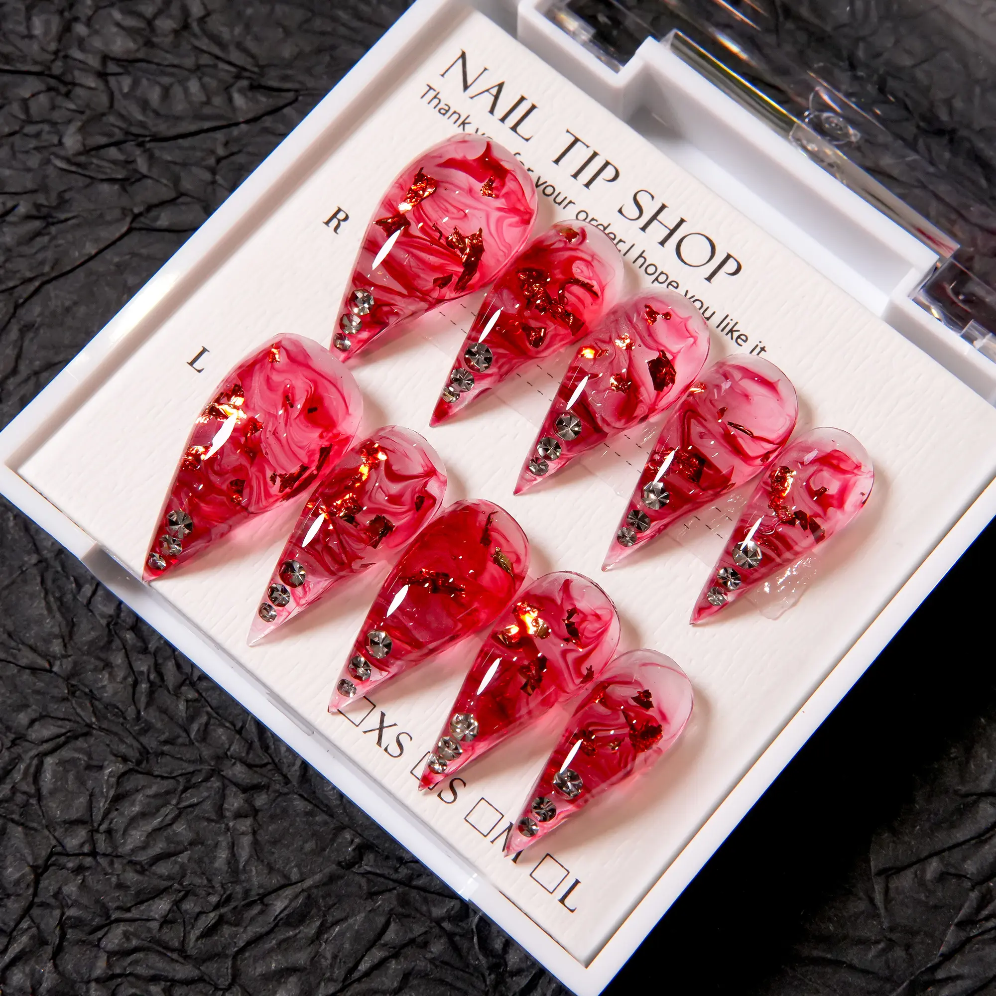 Cherry Glass Pointed Press-On Nails | Transparent Red Jelly False Nails | 3D Flowing Texture and Sparkling Detail Design