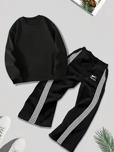 Men's Solid Drop Shoulder Sweatshirt & Striped Trim Sweatpants Set, Casual Fashion Cozy Breathable Outfits for Daily Outdoor Wear, Men's Clothes for Fall & Winter