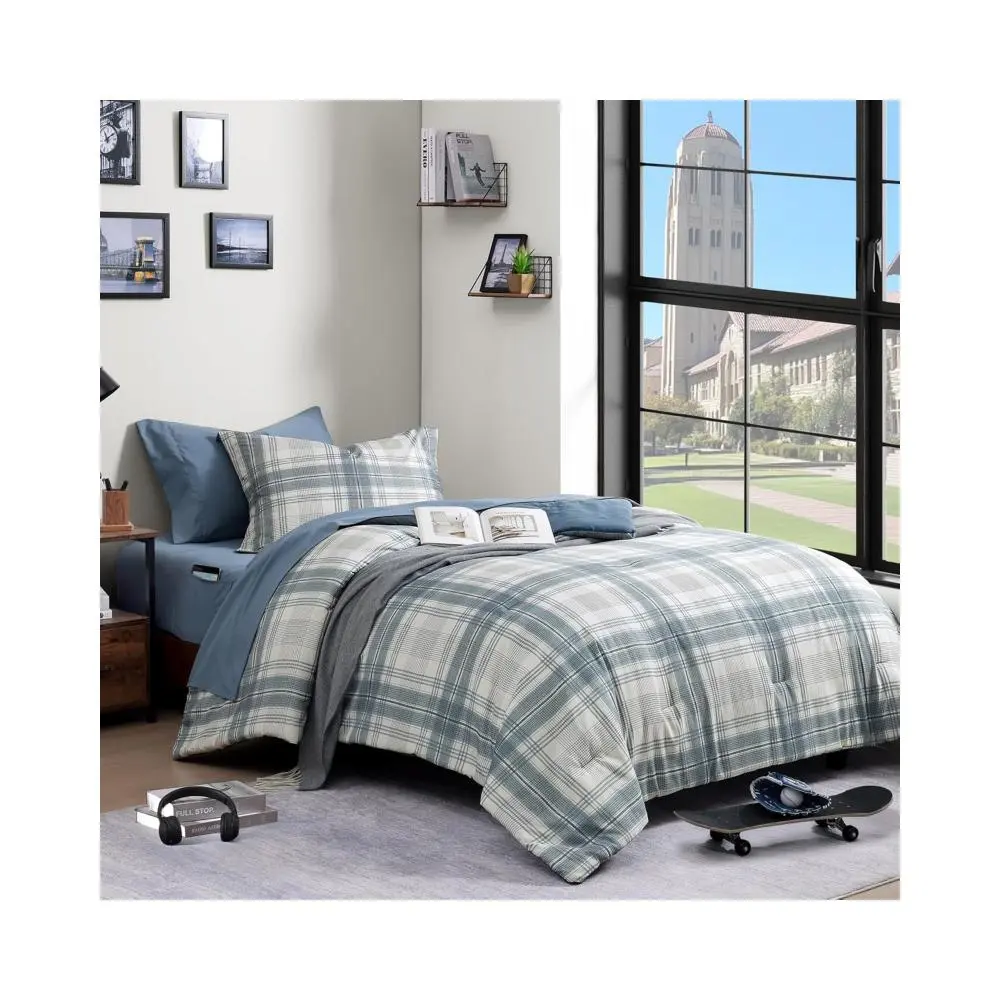 Twin XL Comforter Set, Blue Grey Plaid Bedding Set 5 Piece for Boys Girls Teen, Classic Homestead-Style Kids Comforter Set Bed in A Bag with Sheets, Pillowcase & Sham