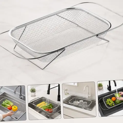 Stainless Steel Over-The-Sink Colander Strainer Basket - Expandable Rectangle Fine Mesh Kitchen Utensil with Handles, Silver Draining Kitchen Essential