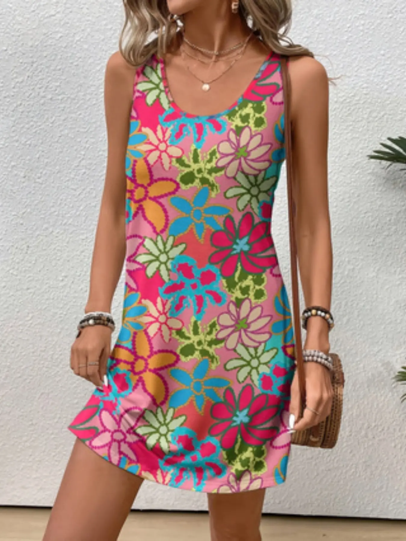 Women's Colorblock Print Striped Casual Wear Versatile Sleeveless Vest Dress, U Neck Loose Slim Short Dress, Beach Style Dress, Beach Sundresses, Multiple Colors Available, Elegant Fit, Summer, All Seasons