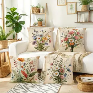 4-Pack 18x18 Inch Retro Wildflower Floral Cushion Covers - Farmhouse Style Soft Polyester Fiber Pillowcases with Zipper Closure, Multicolor Vintage Botanical Print (Daisies, Cosmos, Roses) for Sofa, Living Room & Outdoor Decor - Machine Washable Rustic Ho